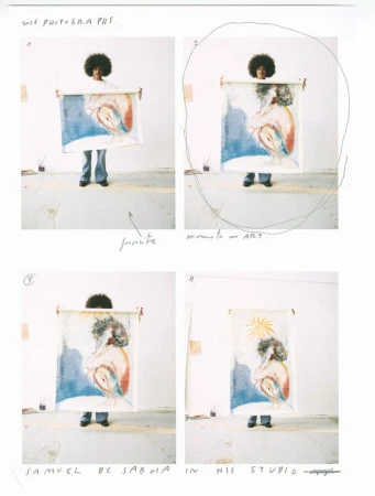 Contact sheet of four Polaroid-style photographs showing an artist holding up a large canvas painting in a white studio space