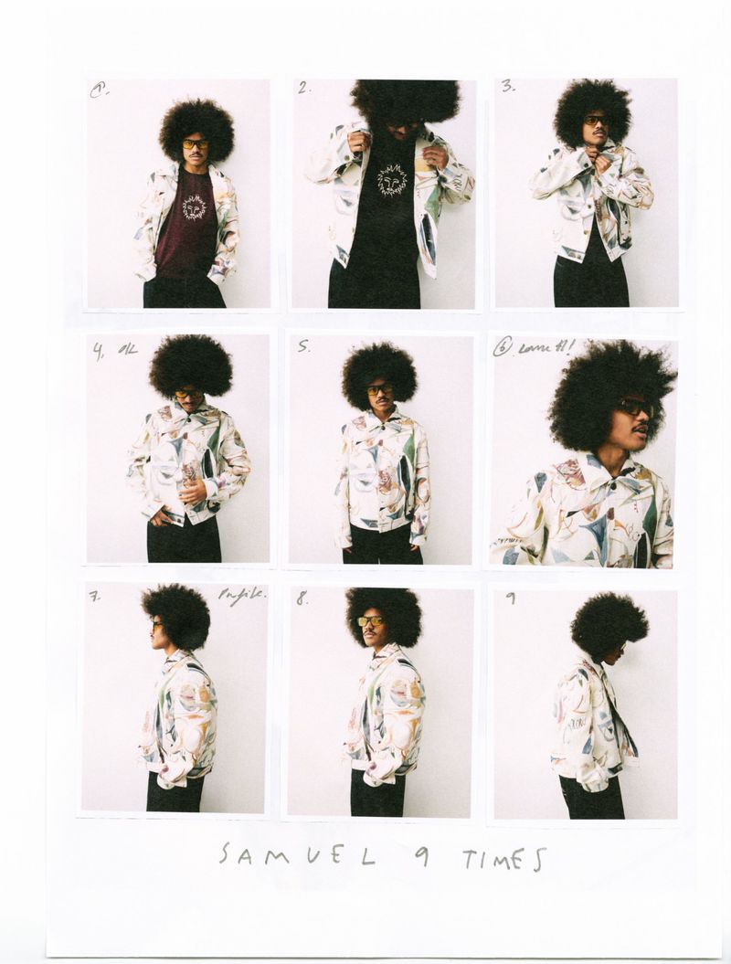 Contact sheet of nine polaroid frames featuring a Black man with an afro hairstyle wearing a patterned jacket and dark trousers.