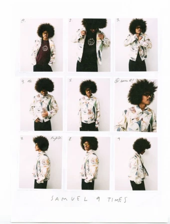 Contact sheet of nine polaroid frames featuring a Black man with an afro hairstyle wearing a patterned jacket and dark trousers.