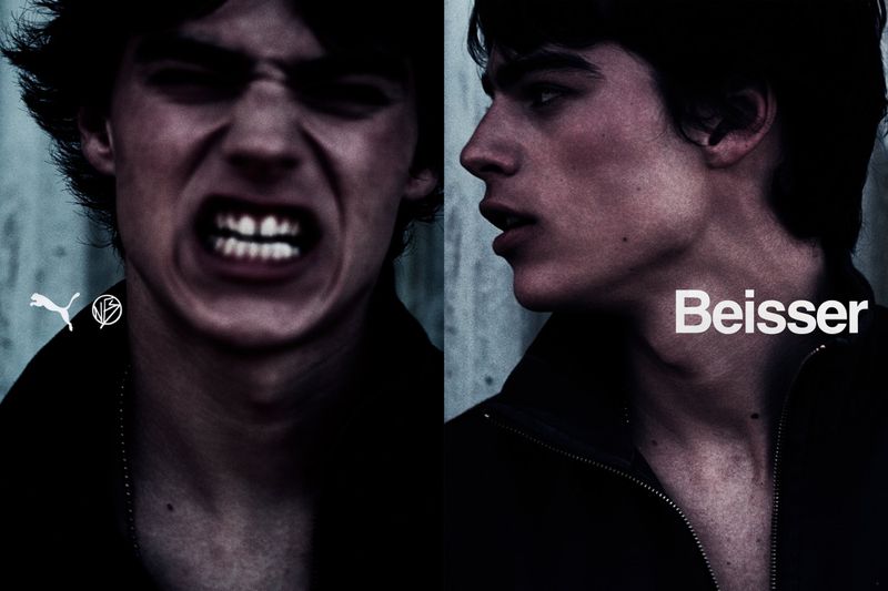 Close-up split image of a young man showing an intense expression and a side profile wearing a dark jacket for Beisser campaign