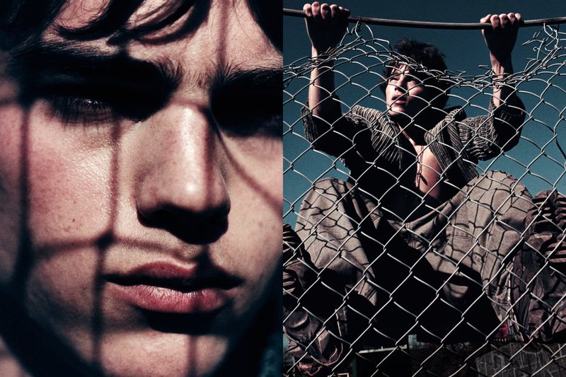 Close-up portrait of a young man and a wider shot of him climbing a chain-link fence for Beisser campaign