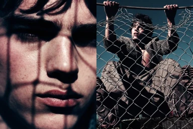 Close-up portrait of a young man and a wider shot of him climbing a chain-link fence for Beisser campaign