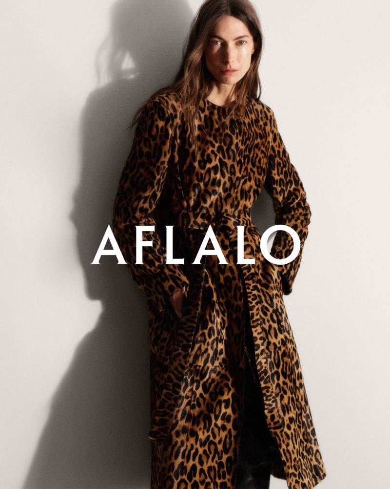 Model Jessica Miller wearing a leopard print coat against a white backdrop with prominent text reading AFLALO