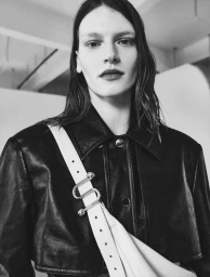 Model wearing a black leather jacket with a white strap crossbody bag in a monochrome fashion editorial portrait.
