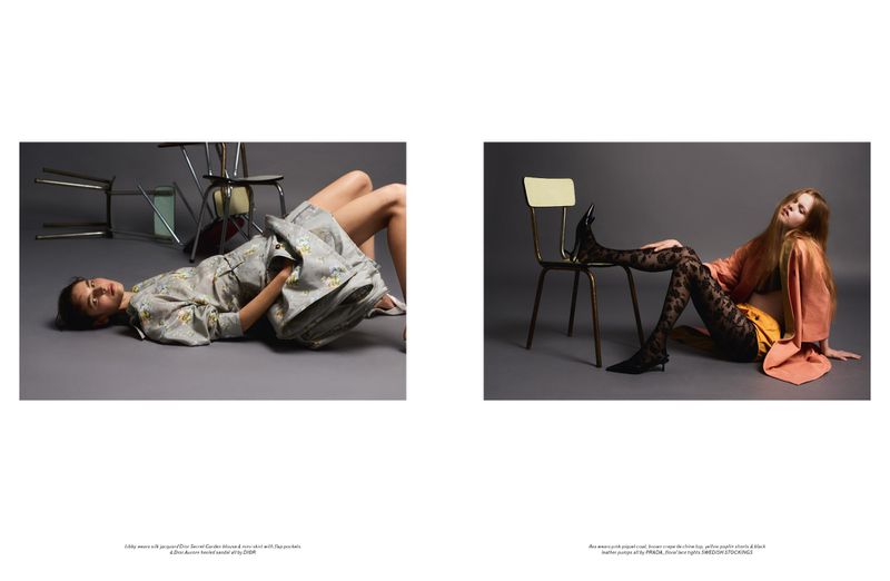 Two fashion editorial panels showing models posing with chairs against a grey seamless background for Pop Magazine.