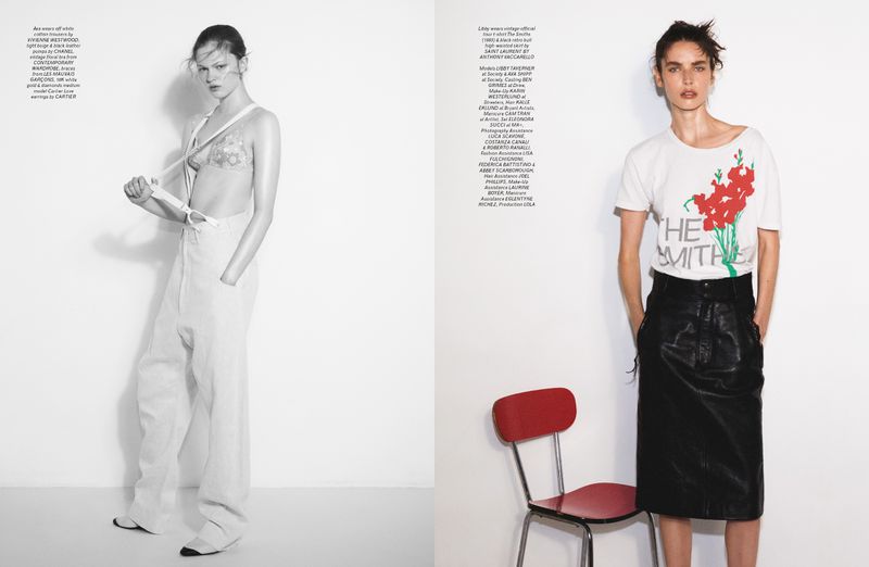 Two models posing against a white studio background with a red chair, featured in Pop Magazine's Libby & Ava editorial.