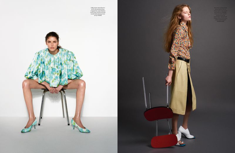 Two fashion models pose in a split-screen composition; one sits in a green-and-white floral top, and the other holds a red chair.