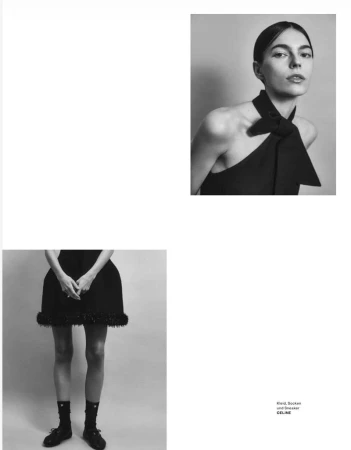 Monochrome editorial layout showing a female model in a dark halter dress and separate shot of her lower body in a flared skirt, socks, and shoes.