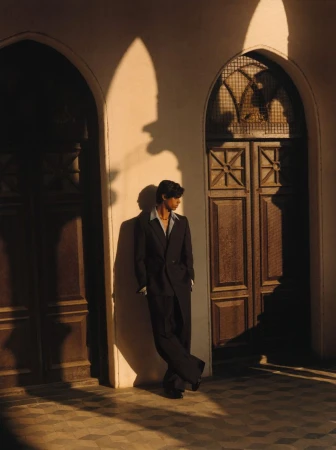 Man wearing a dark suit leaning against a light wall between two arched dark wooden doors