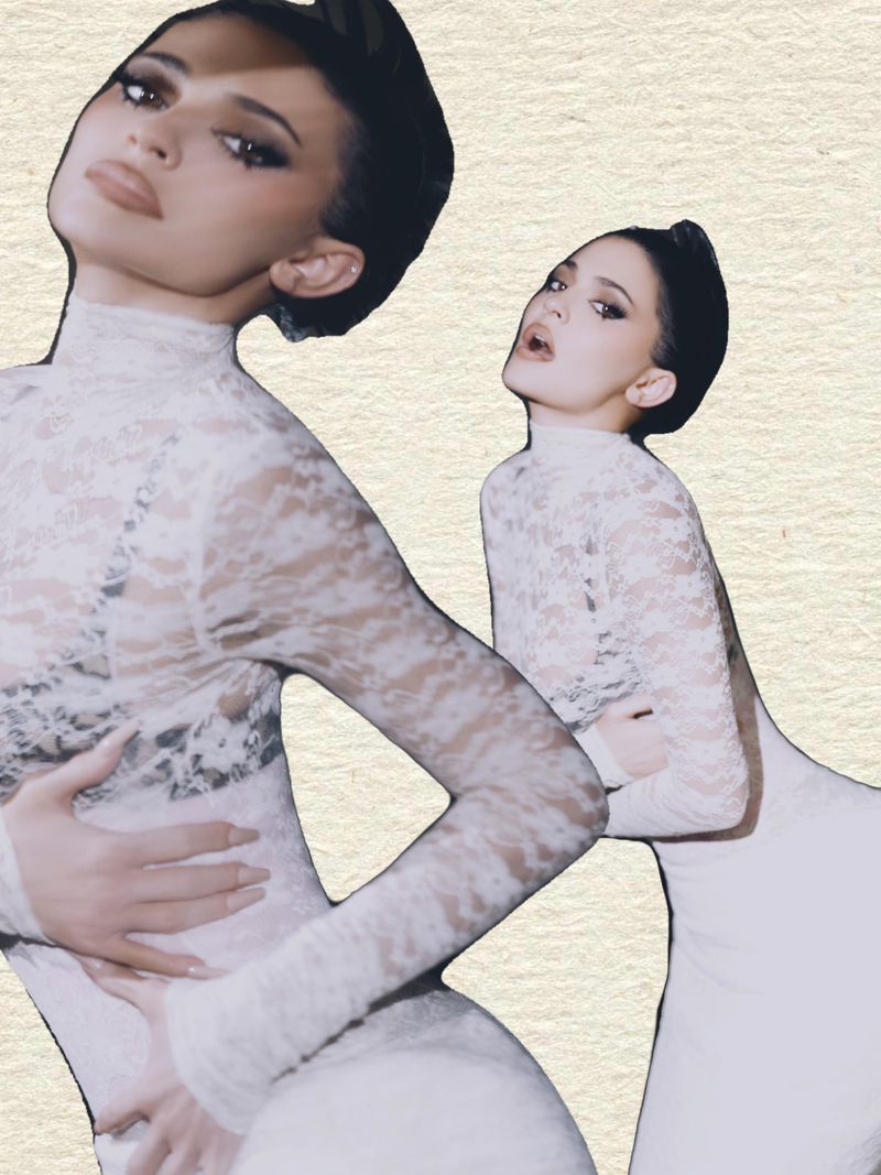 Kylie Jenner wearing a white lace turtleneck top in a cutout collage portrait shot by Kat Irlin for Puss Puss Magazine