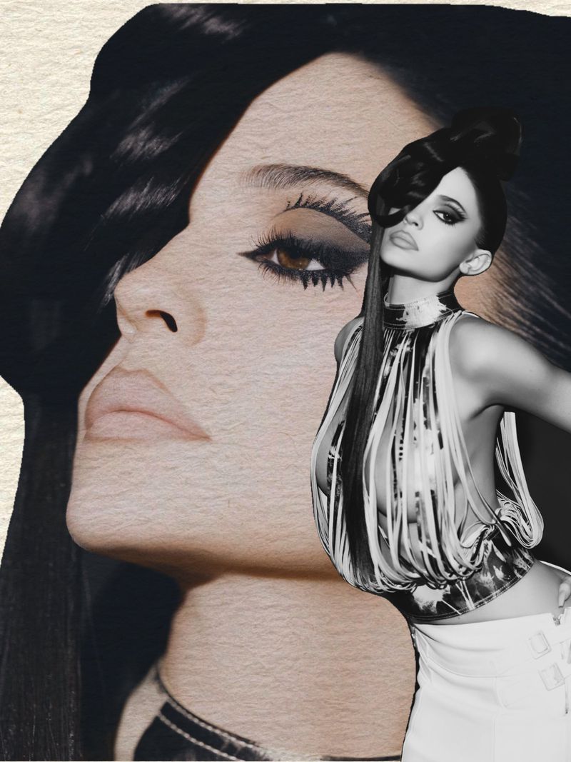 Monochrome collage featuring a close-up portrait of Kylie Jenner overlaid with a smaller full-body cutout.