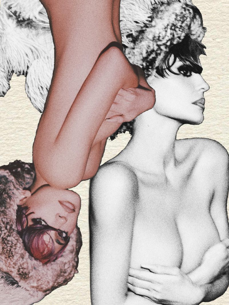 Black and white editorial collage featuring Kylie Jenner with textured paper background and layered photographic elements.