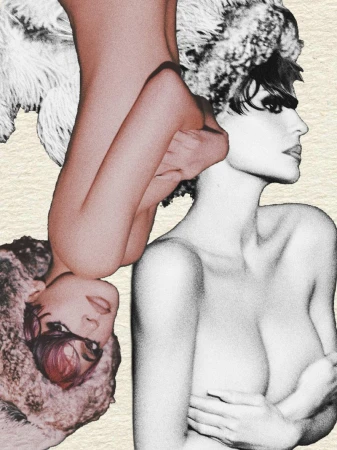 Black and white editorial collage featuring Kylie Jenner with textured paper background and layered photographic elements.