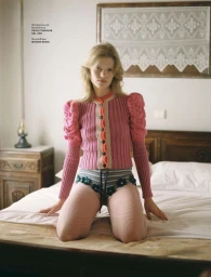 Model kneeling on a bed wearing a pink ribbed cardigan and patterned shorts for a Flair Germany editorial.
