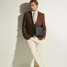 Model wearing a brown blazer, white shirt, and light trousers with a black leather crossbody bag against a white wall.