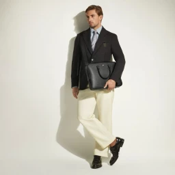 Model wearing a dark blazer and cream trousers holding a black leather briefcase against a white seamless background