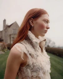 Red-haired female model wearing an embellished sleeveless top and ear cuffs outdoors with a stone building backdrop