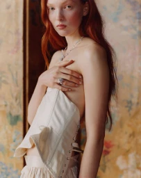 Model with long red hair wearing a white corset top and jewellery against a patterned background.