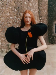 Red-haired model wearing a black structured dress and pearl necklace holding an orange flower against a stone wall.