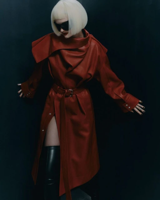 A stylish adult female posing in a red belted coat with long sleeves and black thigh-high boots against a dark backdrop in a studio.