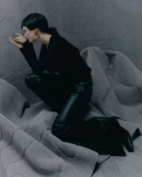 Model in black top and leather pants crouching on textured gray fabric for Sicky Magazine