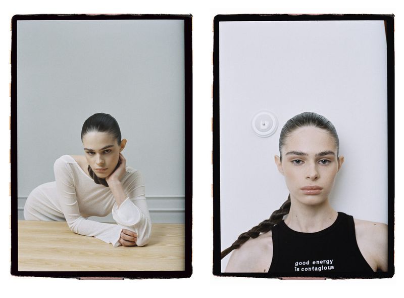 Studio diptych portrait featuring a female model in a white top at a table and another in a black tank top against a white wall.