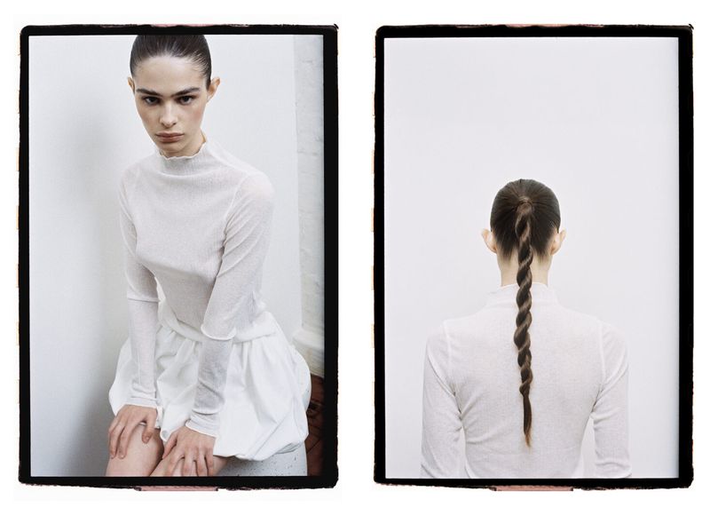 Two images, a young woman in white high-neck top and skirt gazes directly at the camera; and the back of her head with twisted hair.