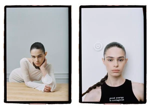 Two photographic frames showing a brunette woman posing in a white long-sleeve top and a black tank top with text