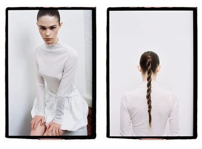 Two side-by-side photographic portraits of a model wearing a white top and skirt against a seamless white background, framed with dark borders.