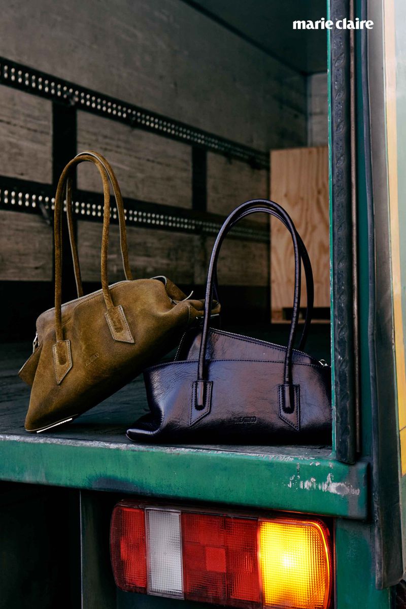 Two designer handbags, one brown suede, one black leather, on a green surface with interior paneling and a taillight visible.