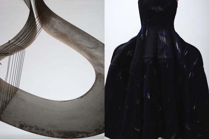 Split image showing a curved metallic sculptural form on the left and a structured black dress against a plain background on the right