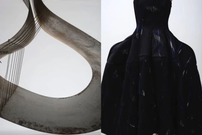 Split image showing a curved metallic sculptural form on the left and a structured black dress against a plain background on the right