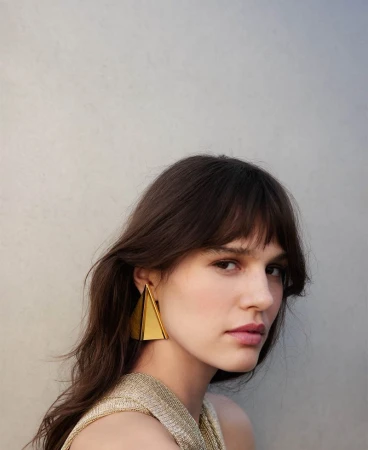 Model wearing large geometric gold earrings and a metallic top against a neutral grey wall