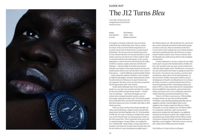 Close-up of a dark-skinned model wearing a blue Chanel watch, face partially painted white, striking fashion and beauty portrait.