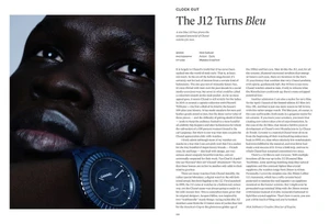 Close-up portrait of a model wearing a blue ceramic watch resting near their face, alongside magazine article text.