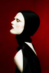 Profile portrait of a woman in a black hood and black dress against a solid red background