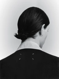 Rear view of a person with dark slicked hair, wearing a white collared shirt and black jacket against a plain background.