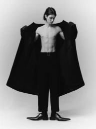 Shirtless male model wearing dark trousers and holding open a large black coat against a seamless grey backdrop