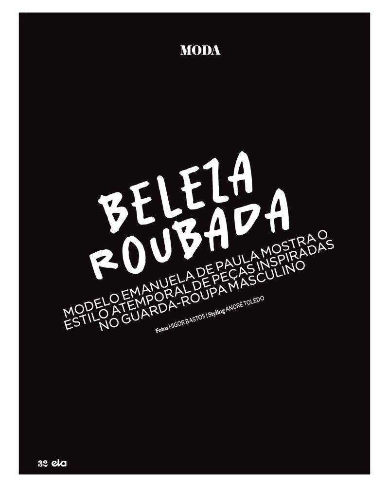 Fashion magazine cover featuring the words 'Beleza Roubada' in white, set against a stark black background with minimal design elements.