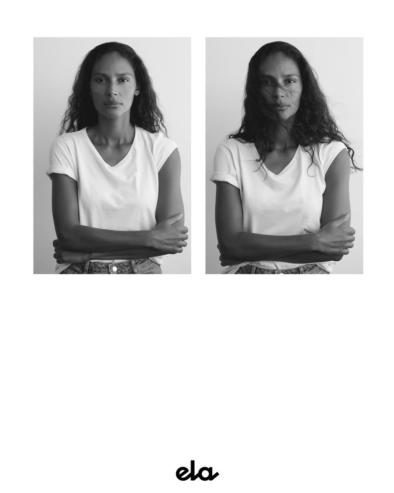 Black and white portrait diptych of model Emanuela de Paula wearing a white t-shirt against a plain studio background.