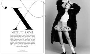 Black and white editorial spread featuring a woman posing in a dark fur coat and ruffled skirt against a grey background.