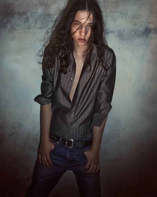 Portrait of a young adult male with long wavy hair wearing an unbuttoned dark gray shirt and jeans, posing against a textured wall.