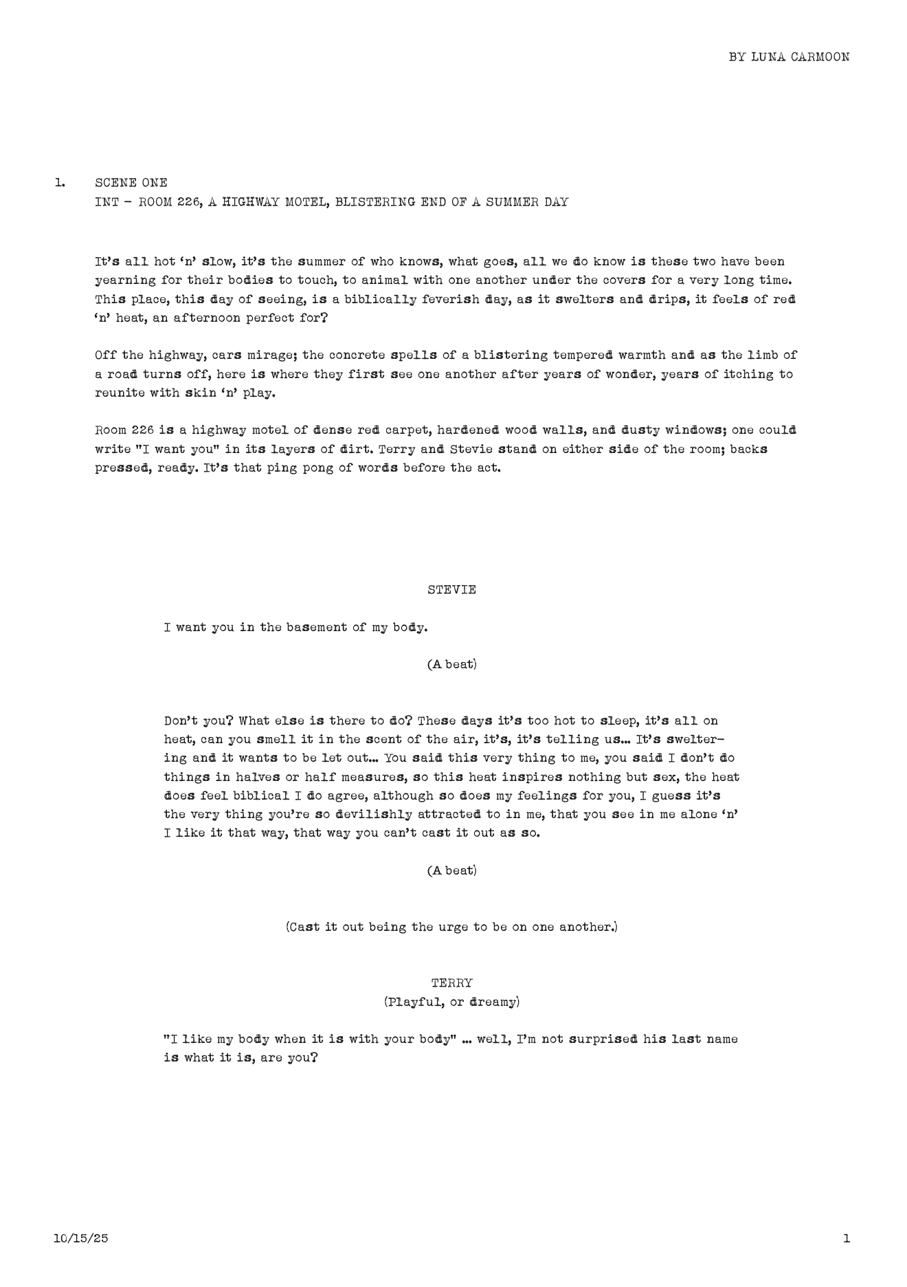 A typed screenplay script page featuring scene headings, character dialogue, and stage directions for the Greca 2025 ad campaign.