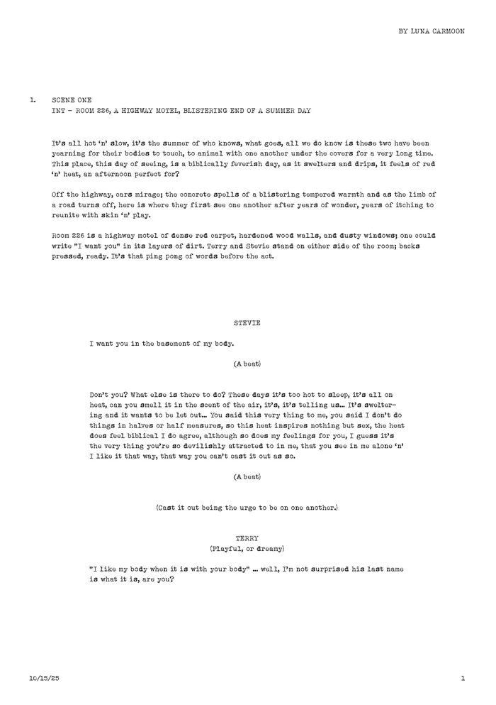 A typed screenplay script page featuring scene headings, character dialogue, and stage directions for the Greca 2025 ad campaign.