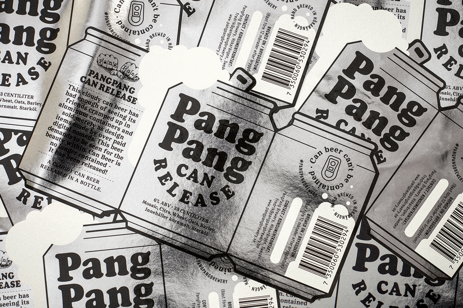 Close-up overhead monochrome packaging design featuring PangPang Brewery beer can labels with bold typography and metallic texture.