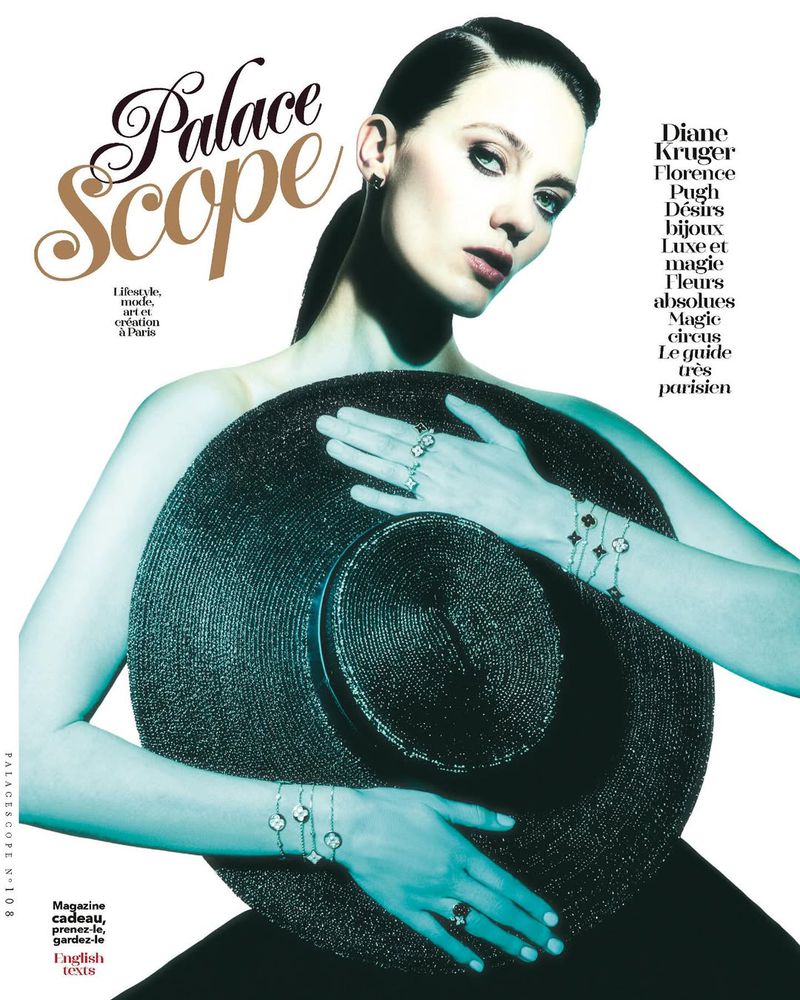 Fashion magazine cover featuring a model wearing jewelry and holding a wide-brimmed hat, with 'Palace Scope' and article titles.