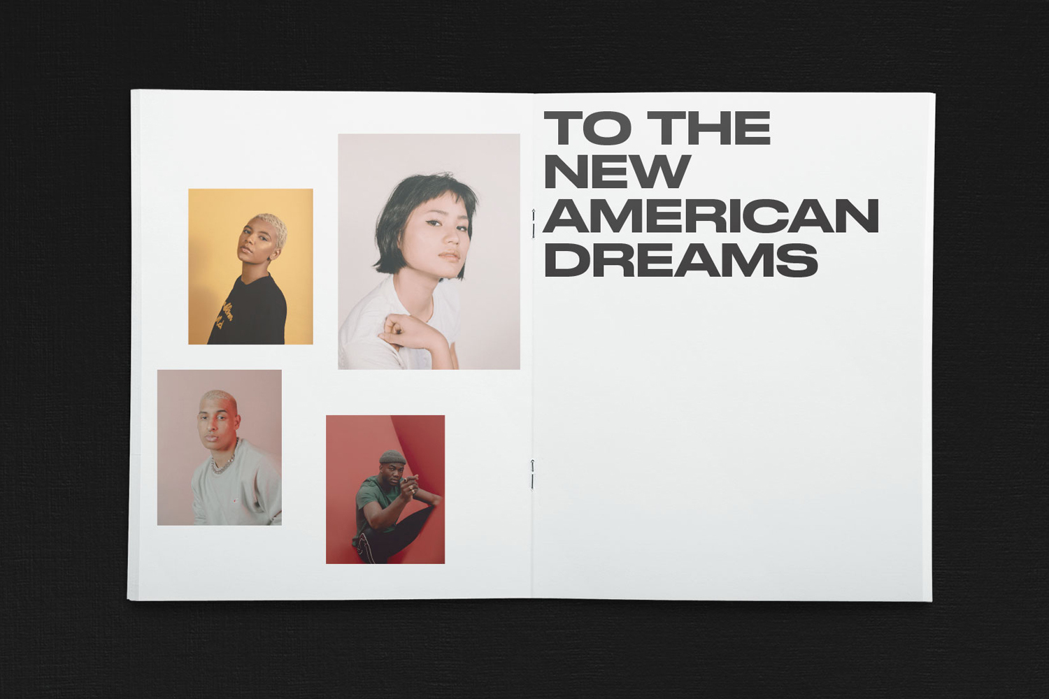 An open magazine spread featuring bold typographic layout and four portrait photographs of diverse people against plain colored backgrounds.
