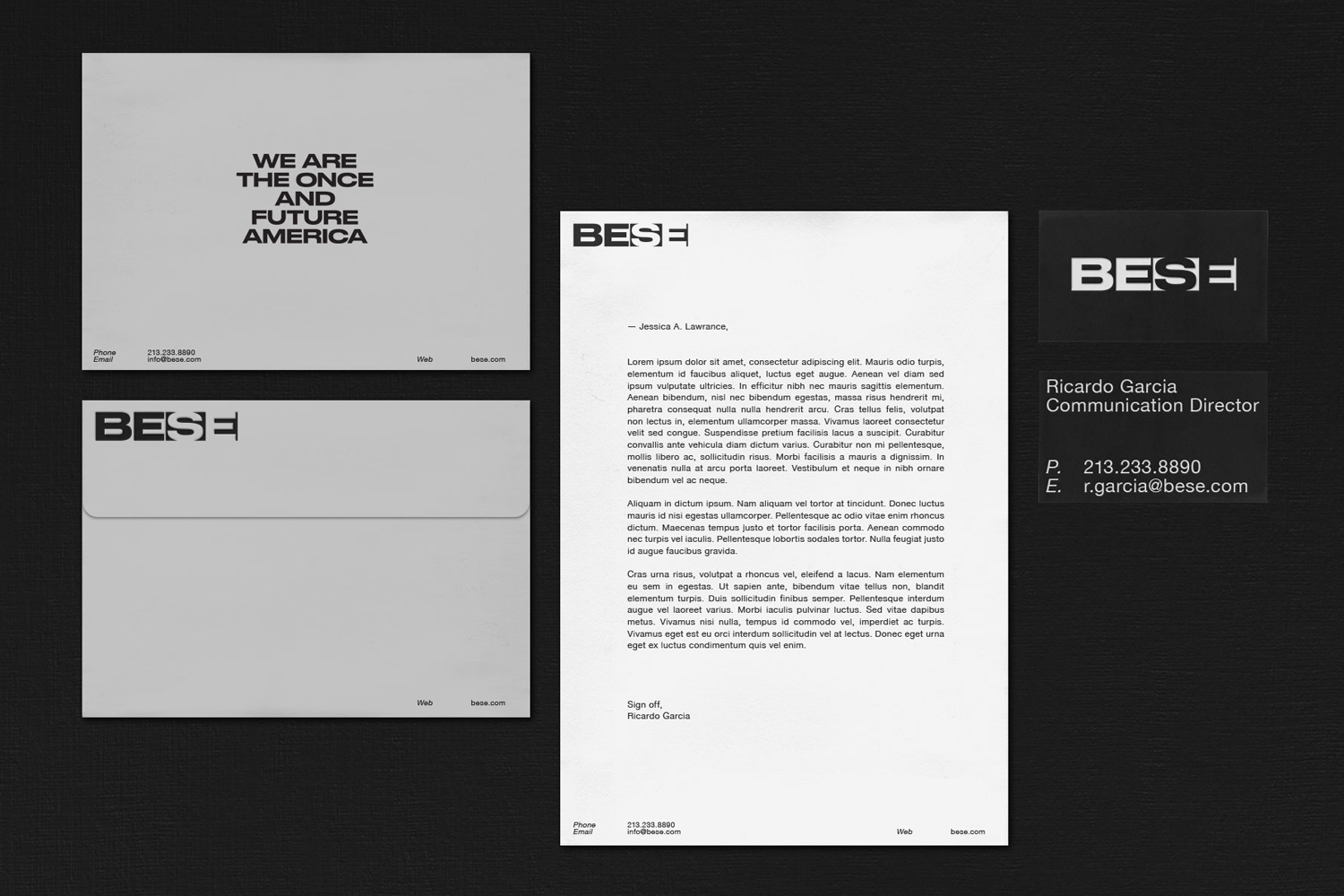 BESE brand identity stationary mockup featuring letterhead, envelope, and business card on a dark background.