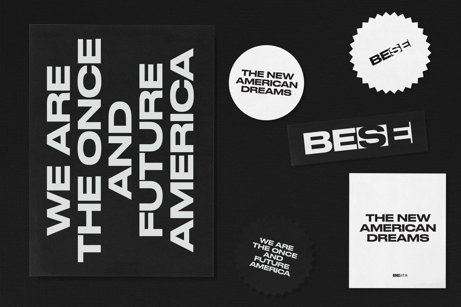 Monochrome flat lay showcasing BESE brand identity elements including typography posters and stickers on a dark background