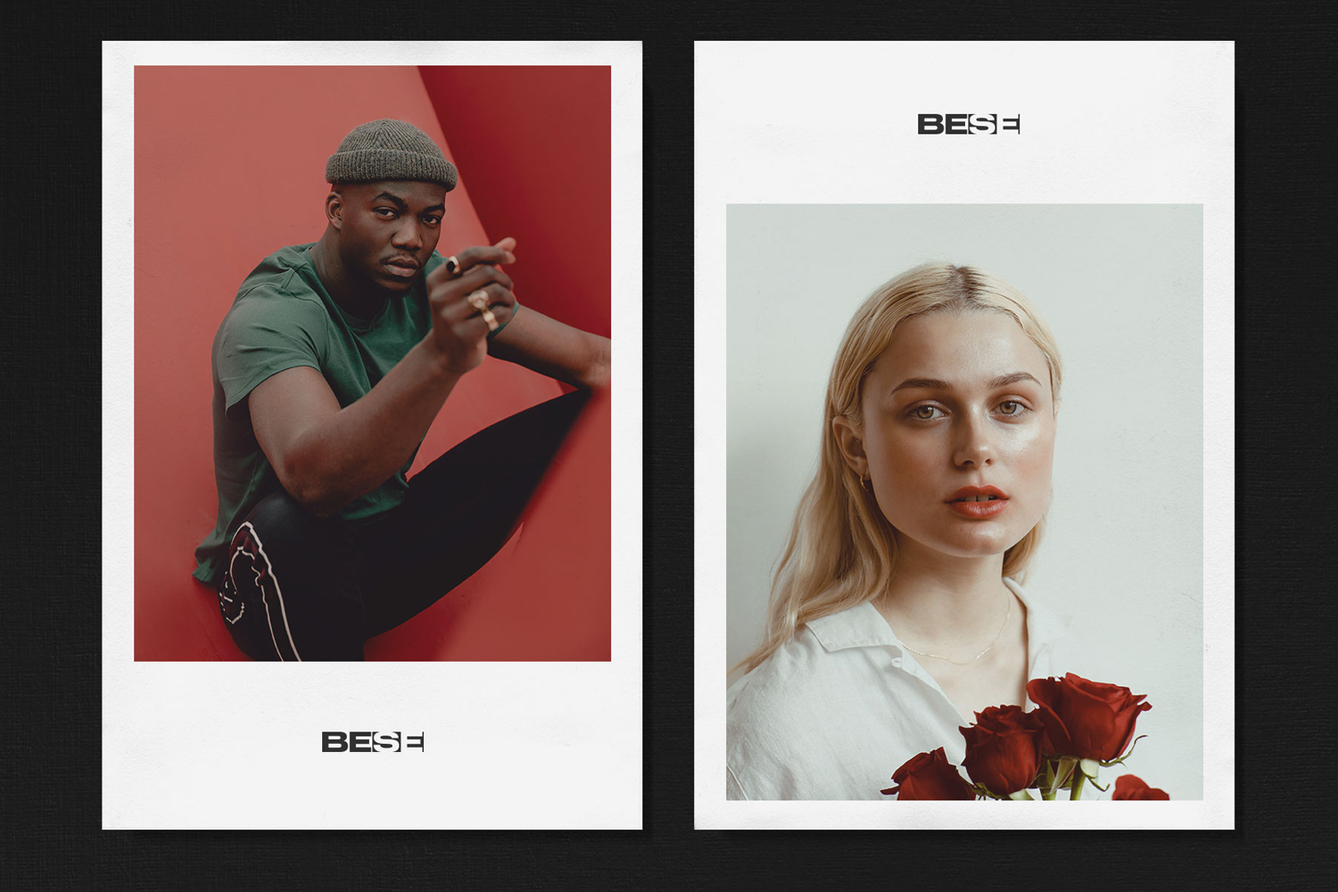 Two vertical layout prints featuring portraits with the BESE brand logo, one showing a man in a beanie and green t-shirt against red backdrop.